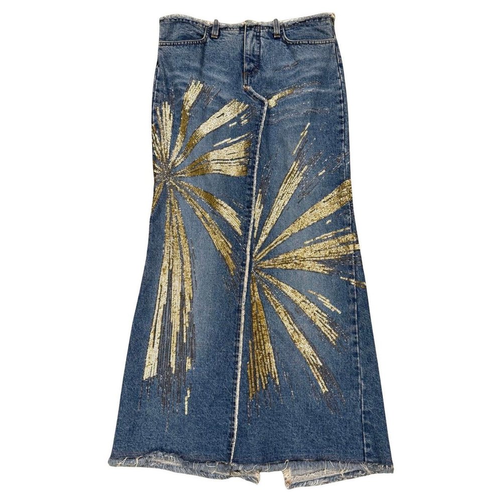 Roberto Cavalli S/S 2001 Gold-Beaded Denim Maxi Skirt