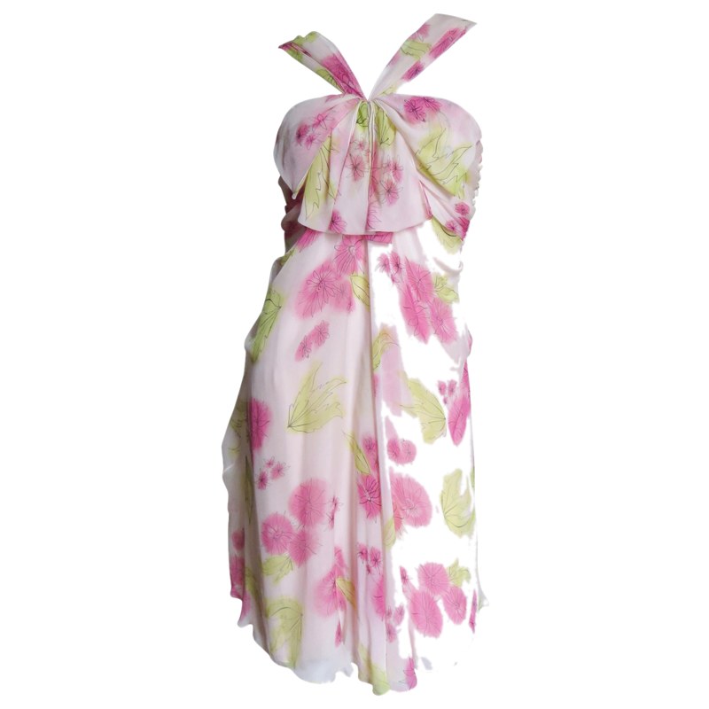John Galliano Pink Floral Slip Dress with Bows